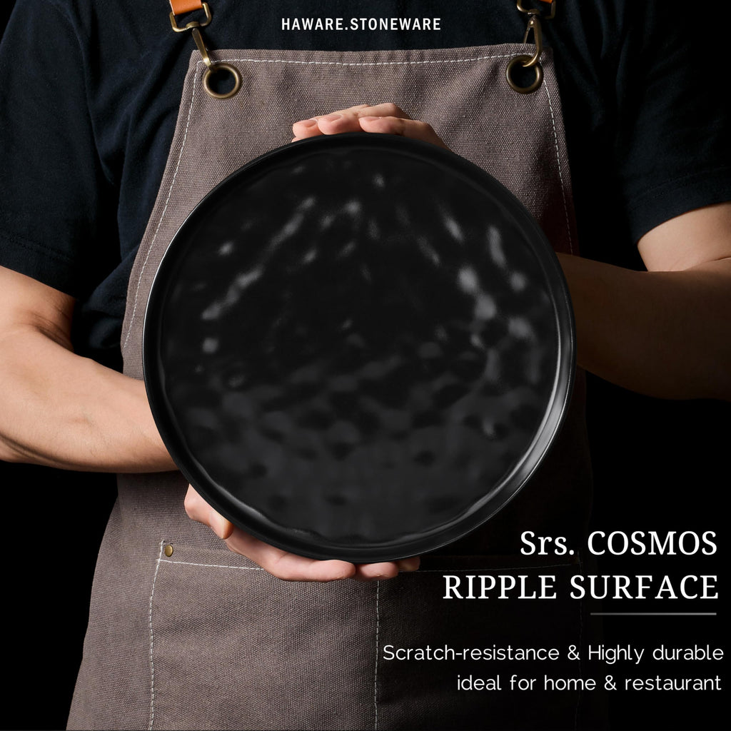 HaWare Stoneware Dinner Plates Set of 6, 10" Heavy Duty Ceramic Plate, Reactive Glaze Ripple Dinnerware for Home Restaurant, Chip and Scratch Resistant, Microwave and Dishwasher Safe, Matte Black