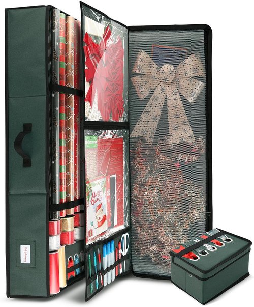 Hearth & Harbor Wrapping Paper Storage Container with Ribbon Storage Organizer - Christmas Storage Bag with Extra Interior Pockets - Gift Wrapping Organizer Storage Fits Up to 26 Rolls of 40" Length