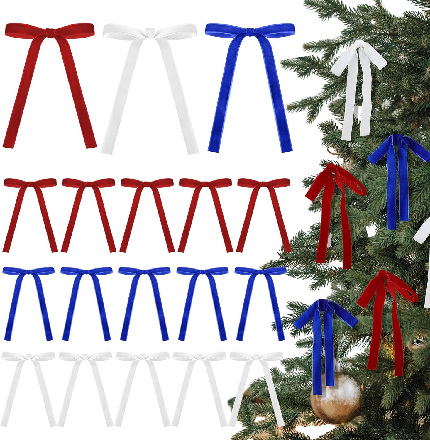 Skiennix Velvet Bows - 24 Pcs Vintage Ribbon for Christmas Tree & Crafts | 5 x 7 Inch, Blue, White, Red