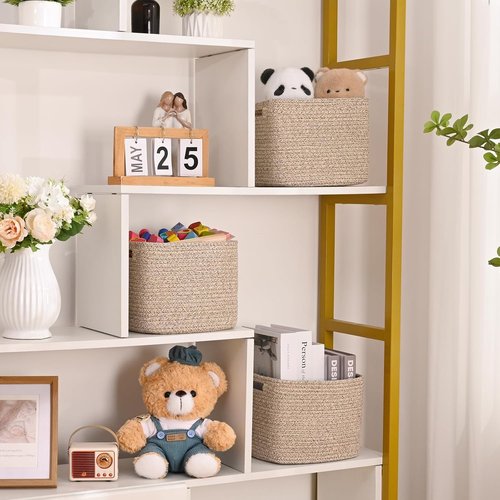 **Jute 3-Pack Cube Storage Bins - 9”x9”x7” Cotton Rope Baskets for Organizing Toys, Clothes & More**