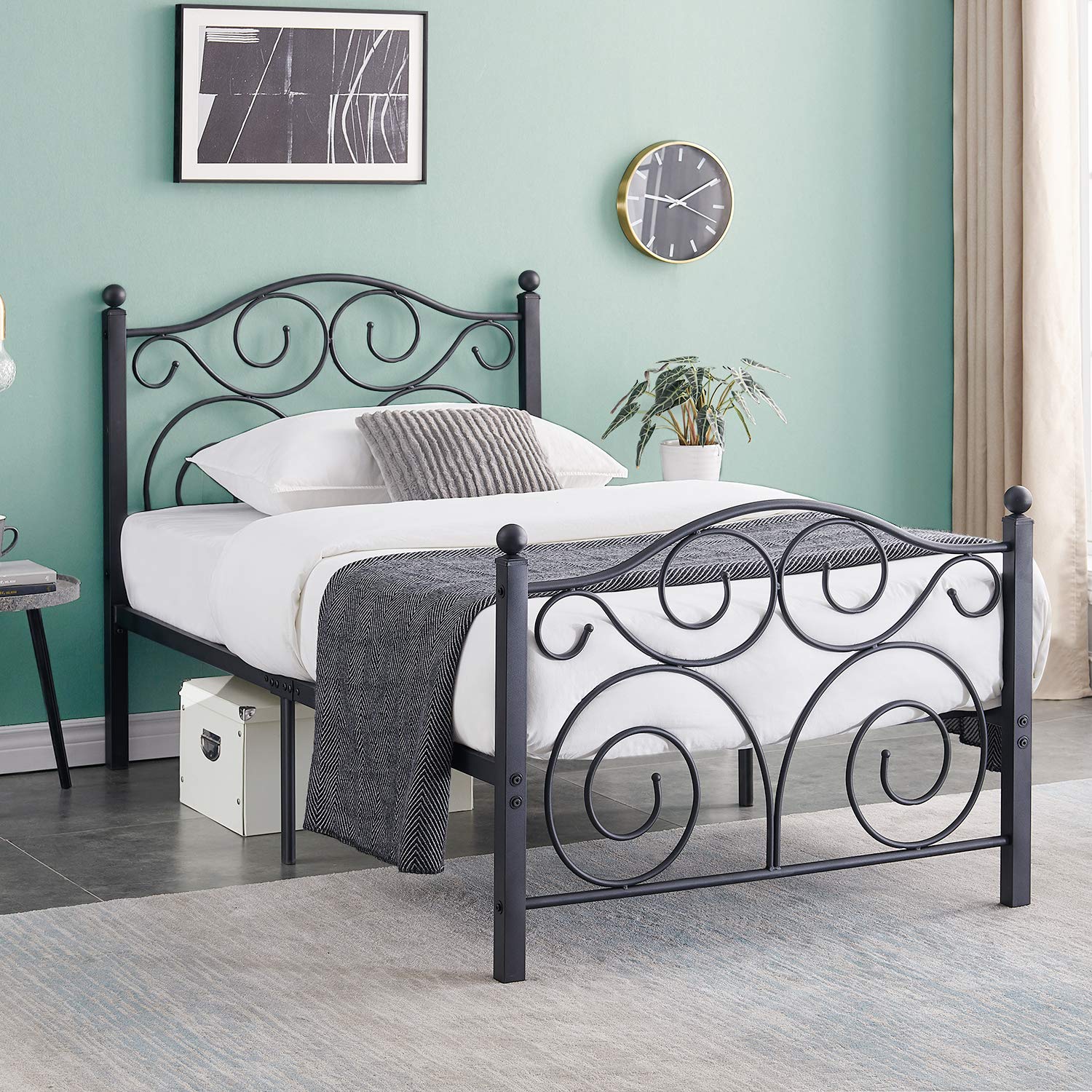 VECELO Twin Size Bed Frame with Headboard/Footboard, Mattress Foundation with Steel Slat Support, Under Bed Storage, No Box Spring Needed, Easy Assembly, White