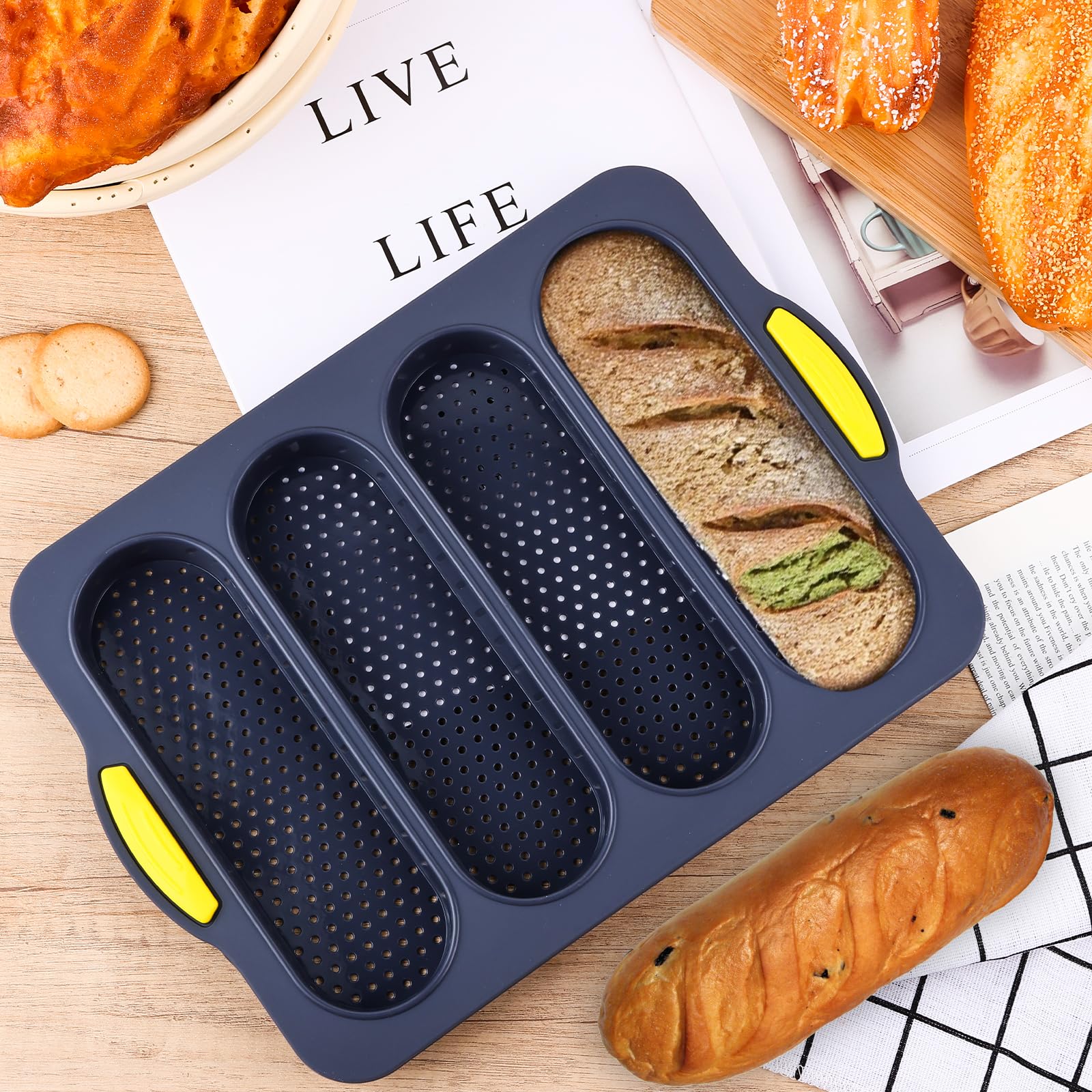 XenMee 2 Pcs Silicone Bread Loaf Pan, Non-Stick Baguette Bread Pan Food Grade, 4-Cavity Perforated French Baking Mold for Homemade Bread, French Baguette, Sandwich Rolls
