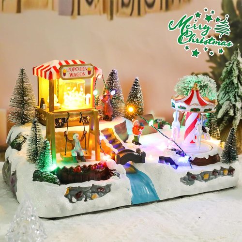 Afirst Christmas Village Houses - Lighted Collectible Figurines with Rotating Carousel & Musical Features | Indoor Display