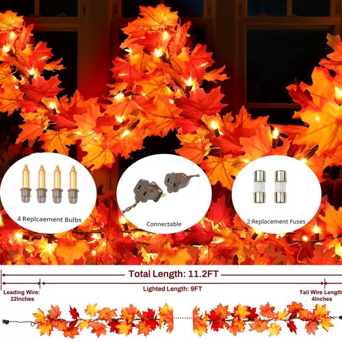 Fall Decorations Lighted Fall Garland, 9FT 50 Count Incandescent Lights Brown Wire UL Certified Connectable Maple Leaves String Lights for Home Party Fireplace Mantle Thanksgiving Decor (Orange, 9FT)