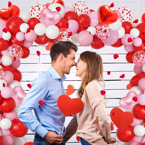 Amandir 263PCS Valentine's Day Balloon Arch Kit - Foil Love & Heart Balloons in Red, Pink, White
