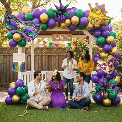 125 Carnival Balloon Garland Arch Kit - Purple, Emerald Green &Pearl Gold Balloons with Masks, Crown, and Exploding Star Foil Festive Party Decor for Masquerade, Birthday, Royal Events