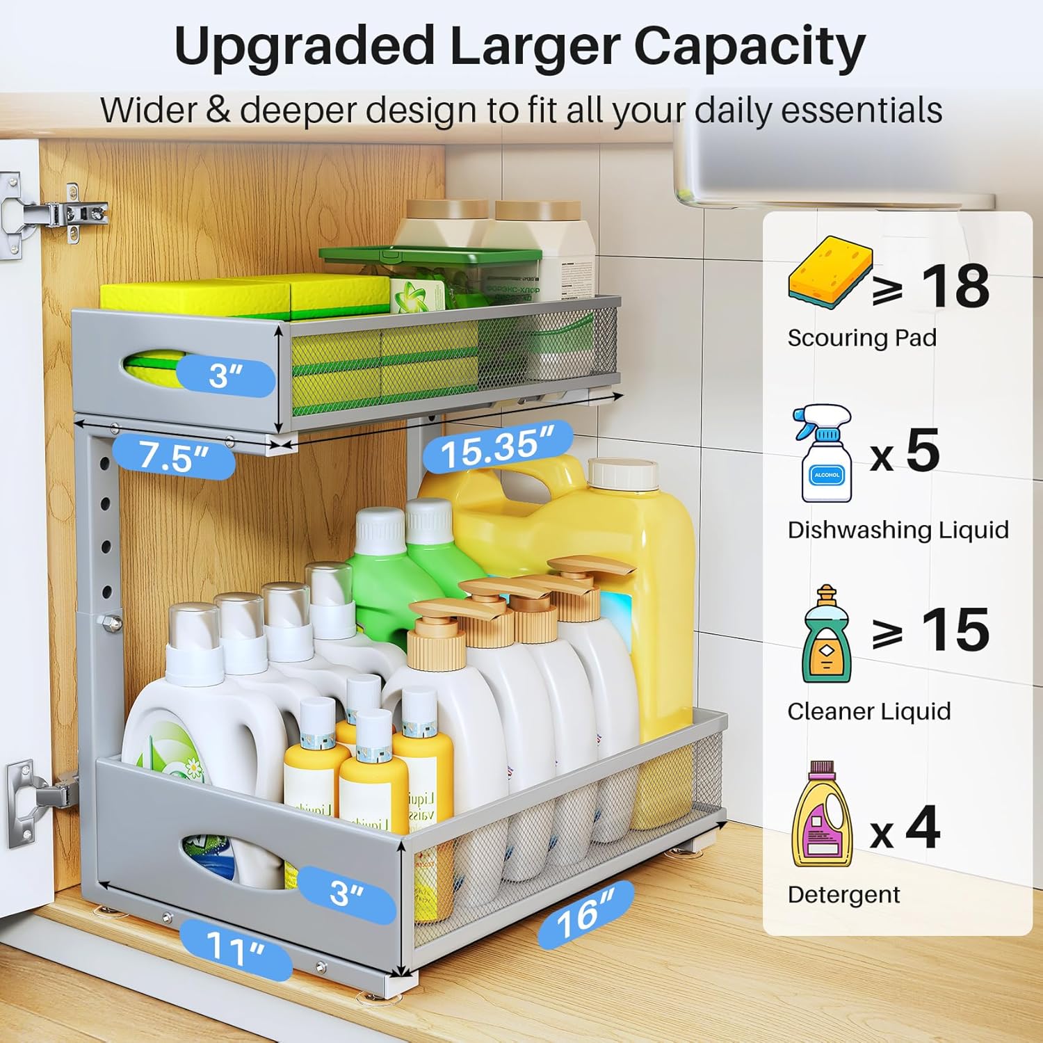 Under Sink Organizer by [Brand Name] - 2 Pack 2 Tier Pull Out Cabinet Storage with Mesh Drawers | Grey
