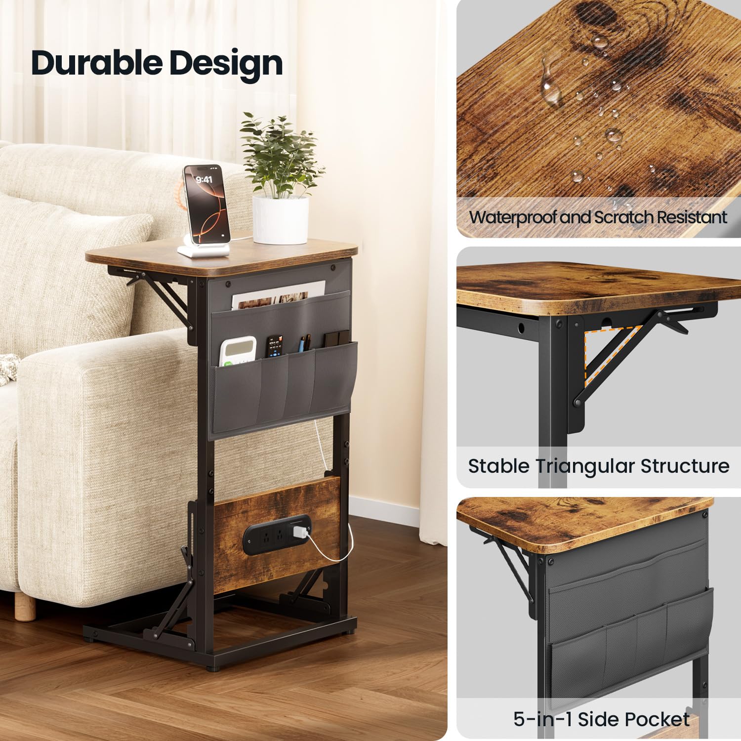 HLDIRECT C Shaped End Table with Charging Station, Couch Side Table with Storage Bag, Foldable TV Tray with 2 USB Ports and Outlets for Living Room, Bedroom, Rustic Brown