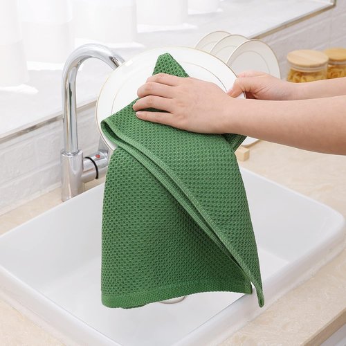 Homaxy 100% Cotton Waffle Weave Dish Towels - Ultra Soft & Absorbent, 13 x 28 Inches, 4-Pack | Grass Green