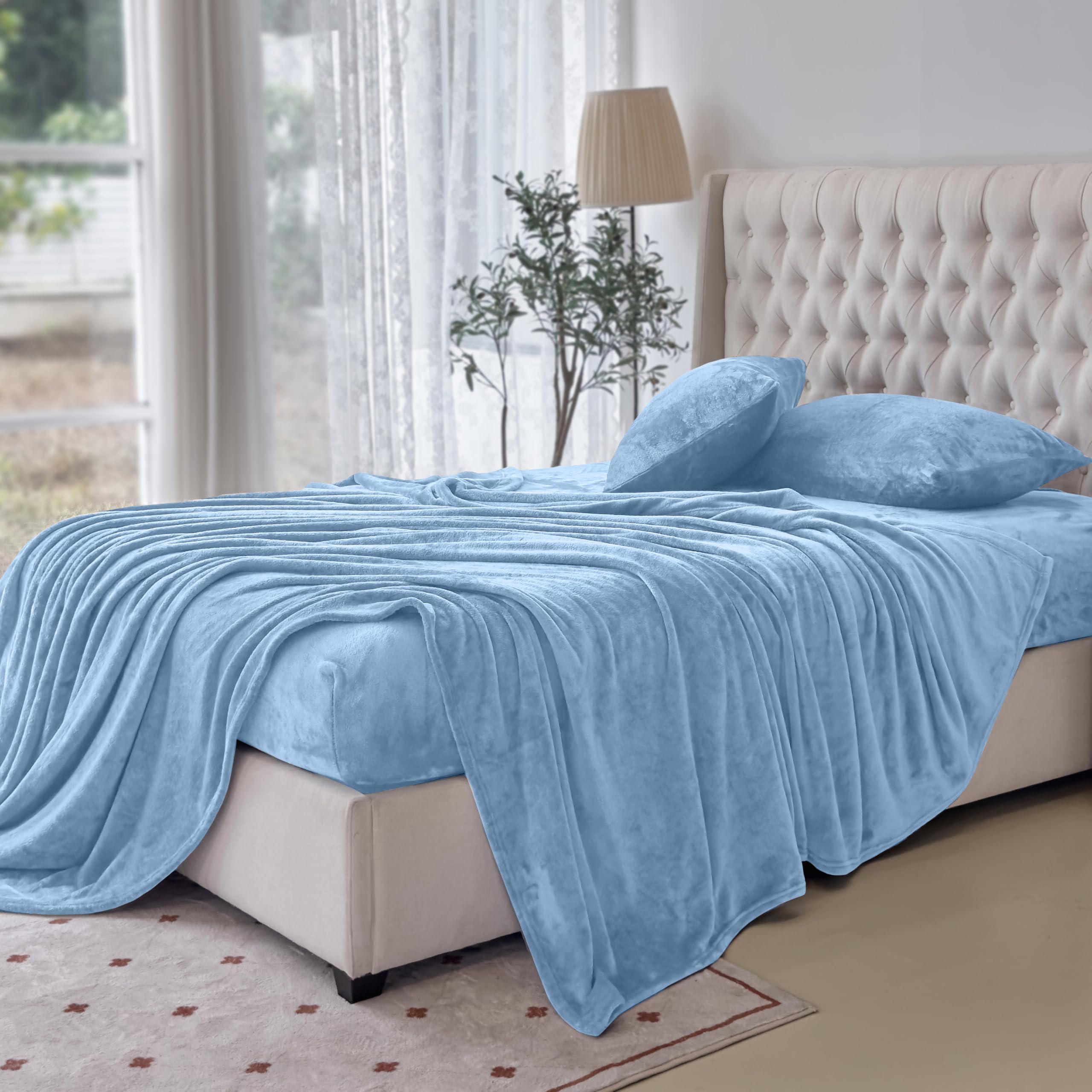 Elegant Comfort Luxuriously Soft 4-Piece Velvet Plush Flannel Sheet Set - Premium Quality - Cozy Warm, Anti-Static, Non Pilling Fuzzy Velvet Flannel Fleece Deep Pocket Sheet Set - Queen, Denim Blue
