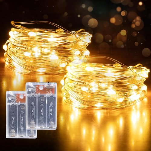 Fairy Lights Battery Operated String Lights - 50 LED Waterproof 16.4ft Silver Wire | Warm White, 2 Pack for Christmas & Party Decor