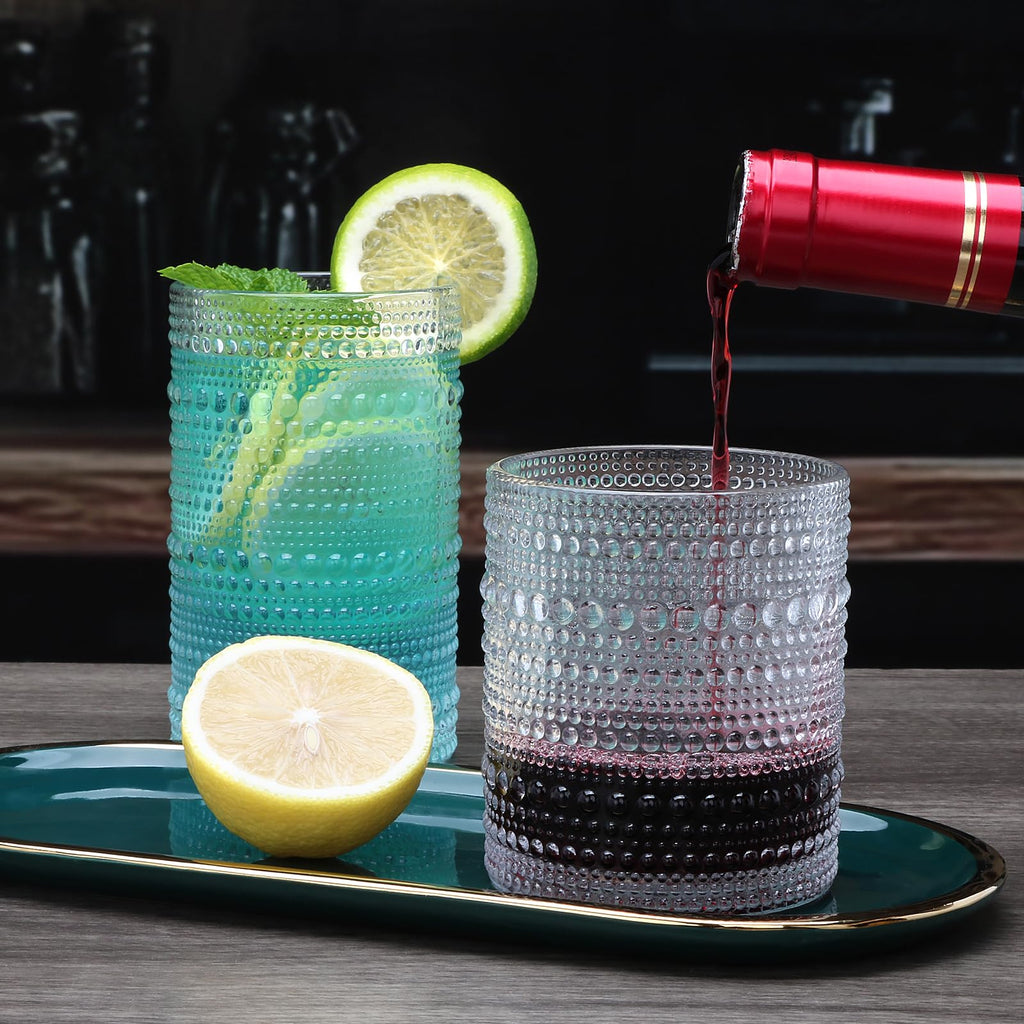 Woaiwo-q Embossed Highball Glasses Set of 12, 10 oz Thick Base Cocktail Drinking Glasses, 12 oz Clear Glassware Set, Glass Cups for Whiskey, Juice, Water, Home Bar & Kitchen, Dishwasher Safe