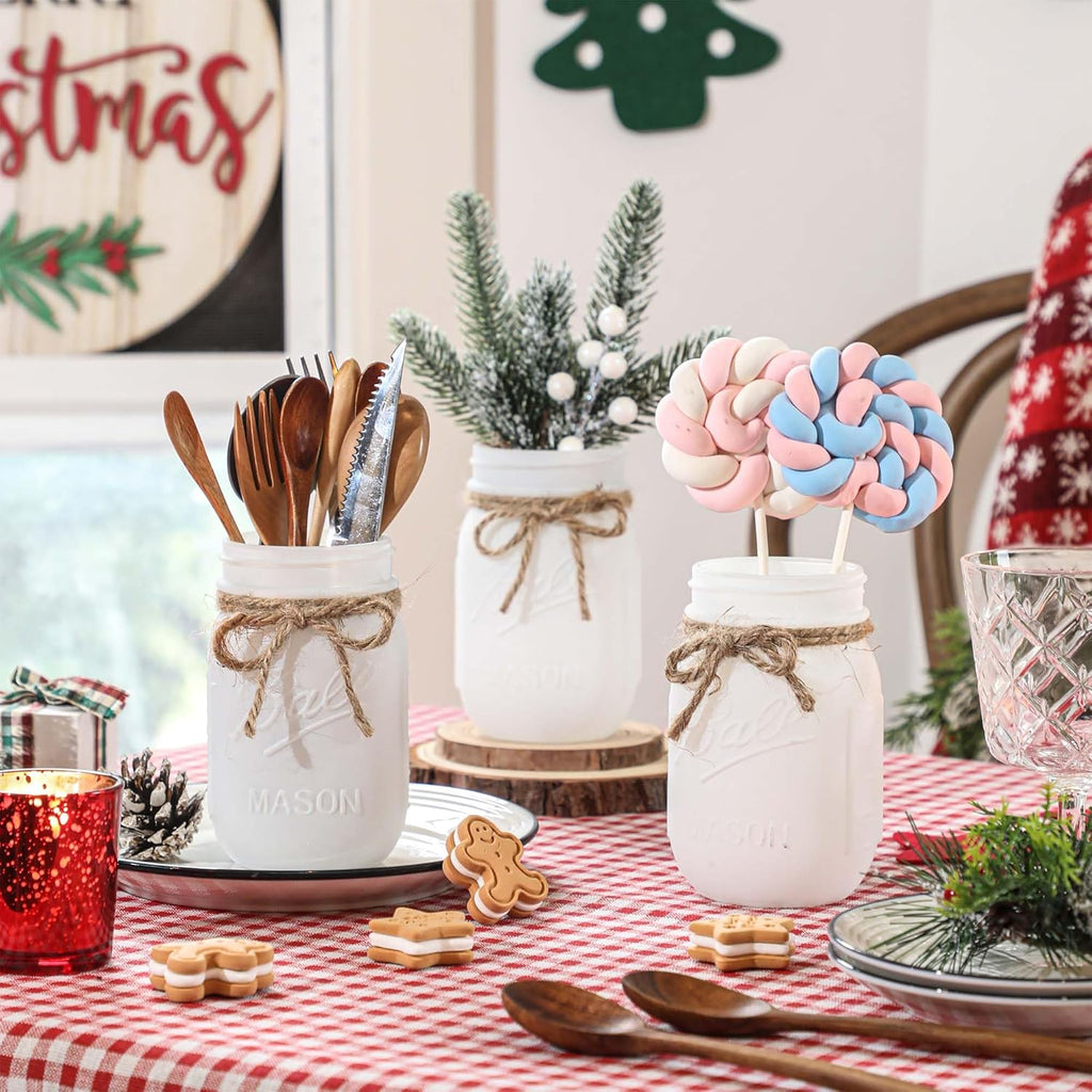 Supreme Lights Christmas Mason Jars - Winter White Decorative Centerpieces for Home Table Decor | Set of 3 with Wood Tray
