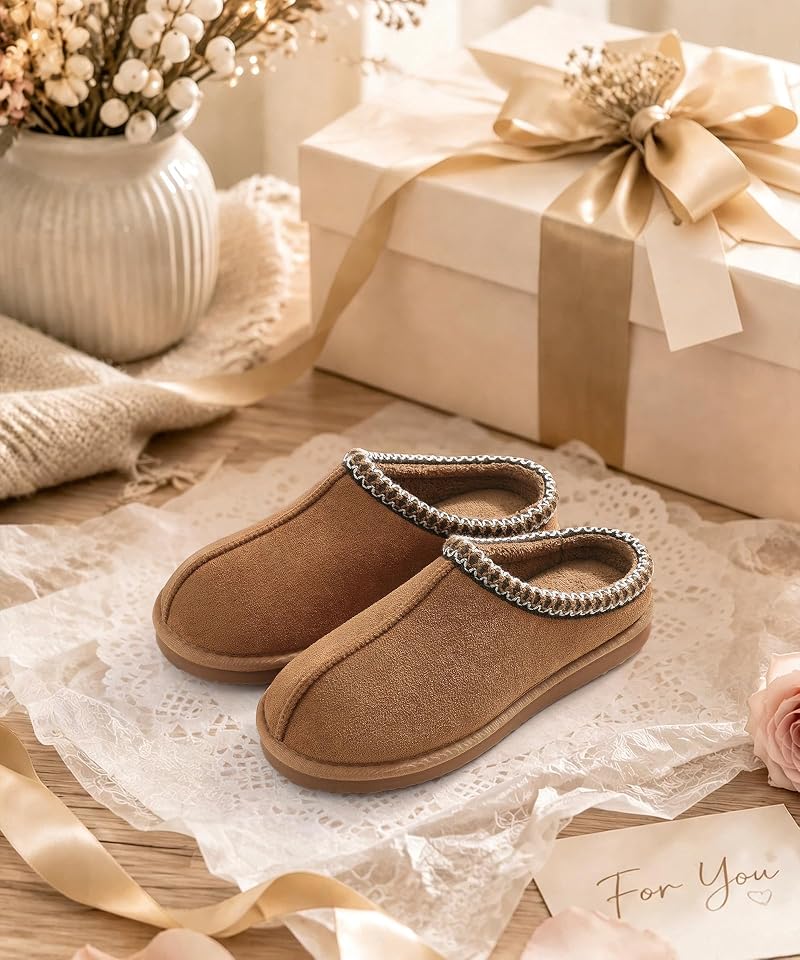 Chestnut Litfun Cozy Memory Foam Slippers for Women - Faux Suede Clog House Shoes, 6.5-7