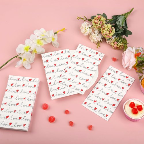 100Pcs Love Red Hearts Guest Napkins Valentines Paper Hand Towels Line Love Lettering Disposable Guest Towel Dinner Buffet for Wedding Anniversary Bridal Shower Party Supplies