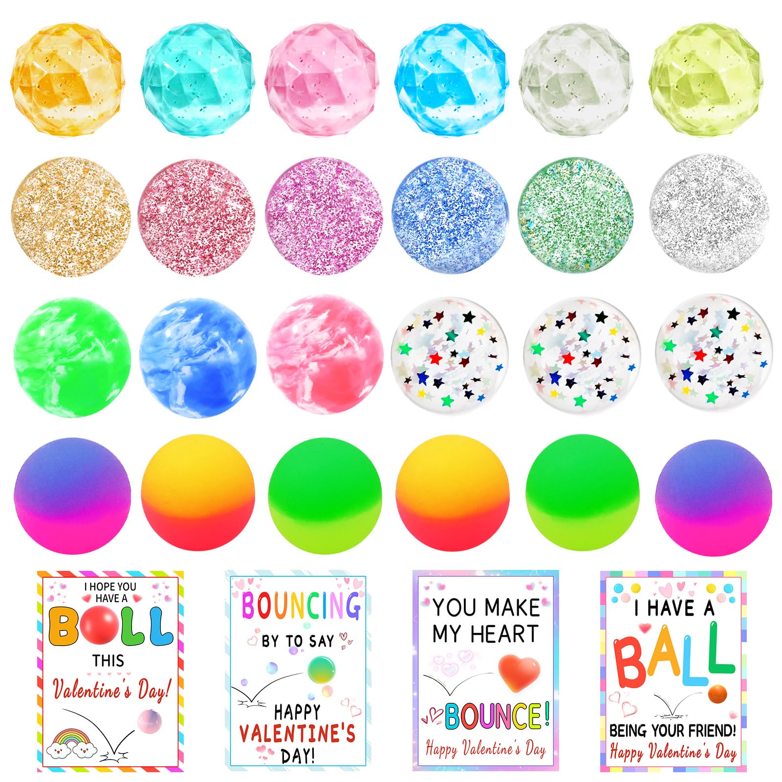 QYESQ Valentines Gifts for Kids - Valentines Day Cards for Kids School, 24 Pack Bouncy Balls, Fidget Toys Bulk, Valentine Exchange Party Favors Boys Girls Class Classroom Prize