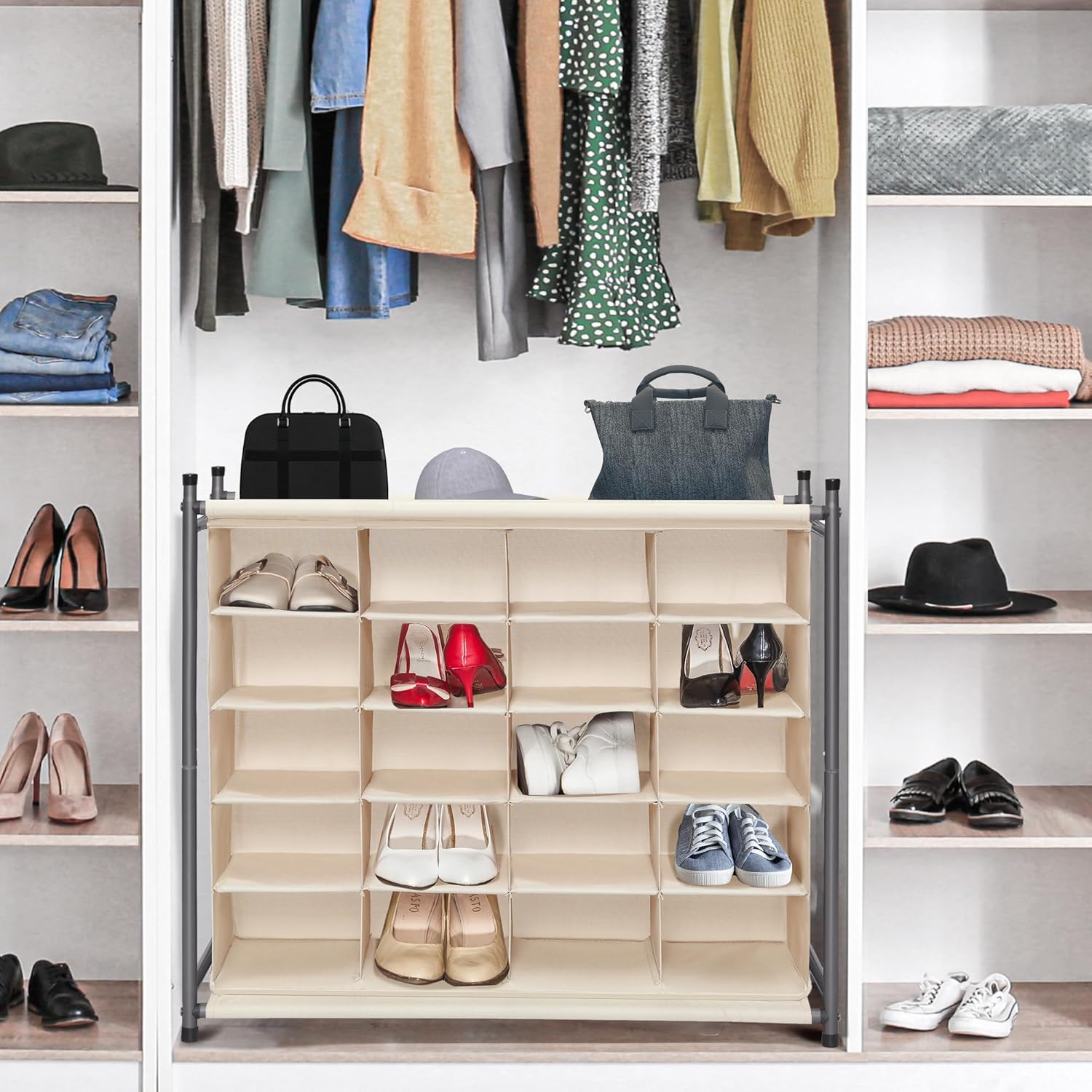 Storage Maniac Stackable Shoe Cubby Organizer - 20-Cube Free Standing Rack in Beige for Entryway & Closet
