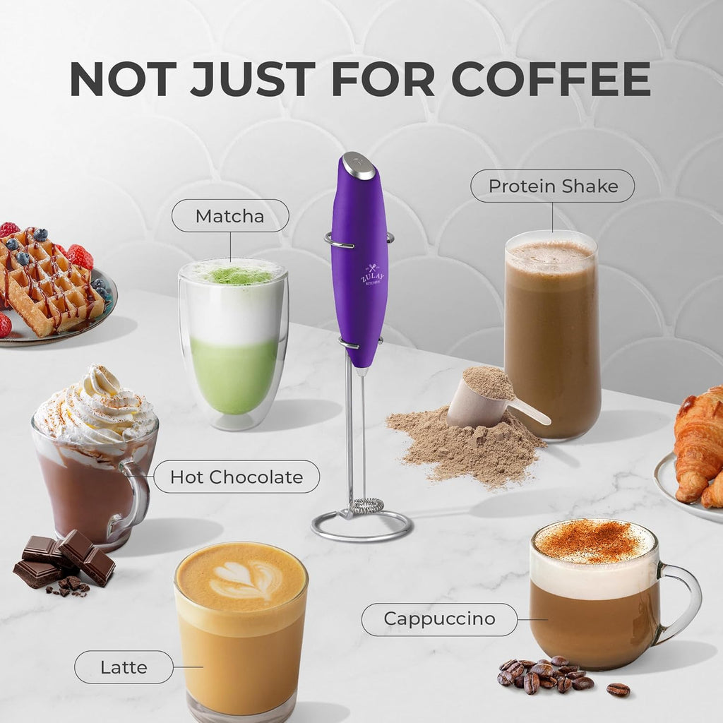 Zulay Kitchen Milk Frother Wand - Ultra-Fast Handheld Electric Whisk for Coffee & Lattes - Grape Color