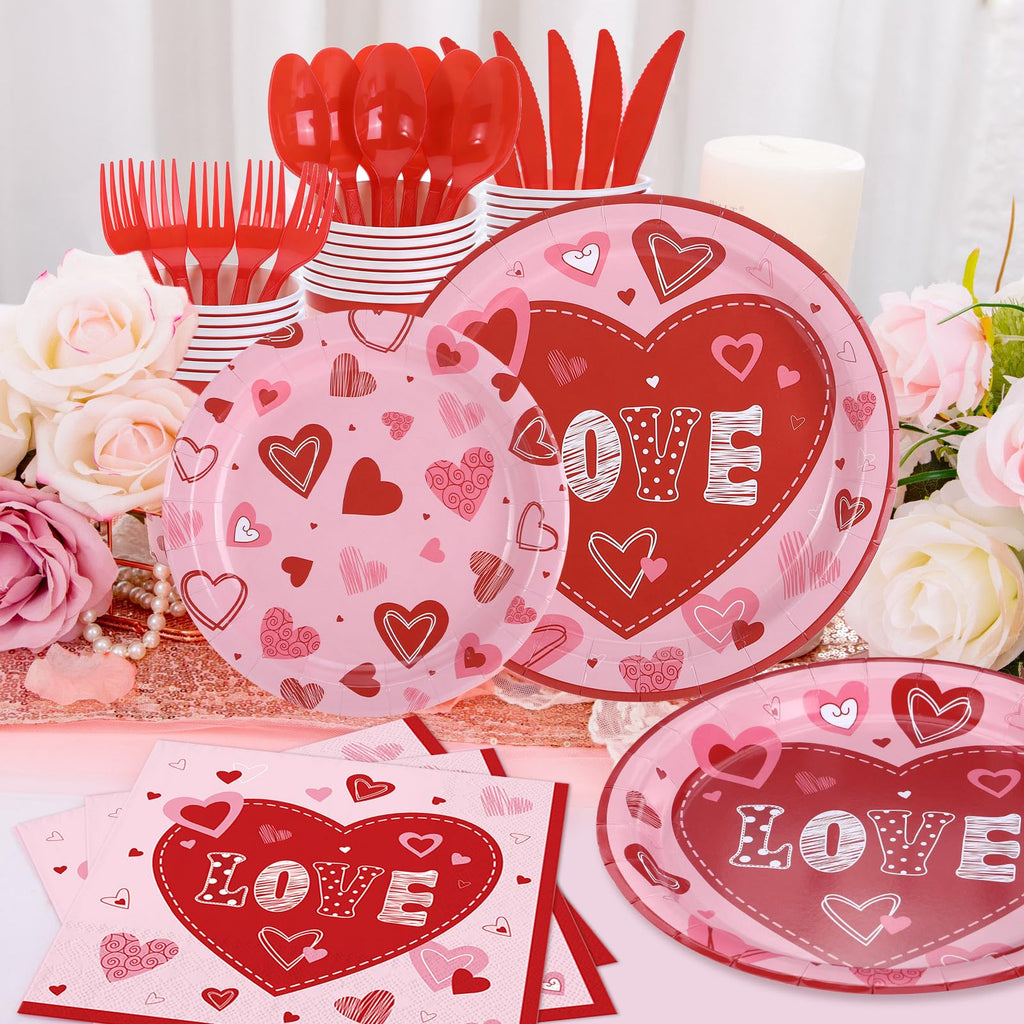 Valentine's Day Party Decorations Plates Red Heart themed Disposable Plate with Cups Banner Tablecloth,Serves 24