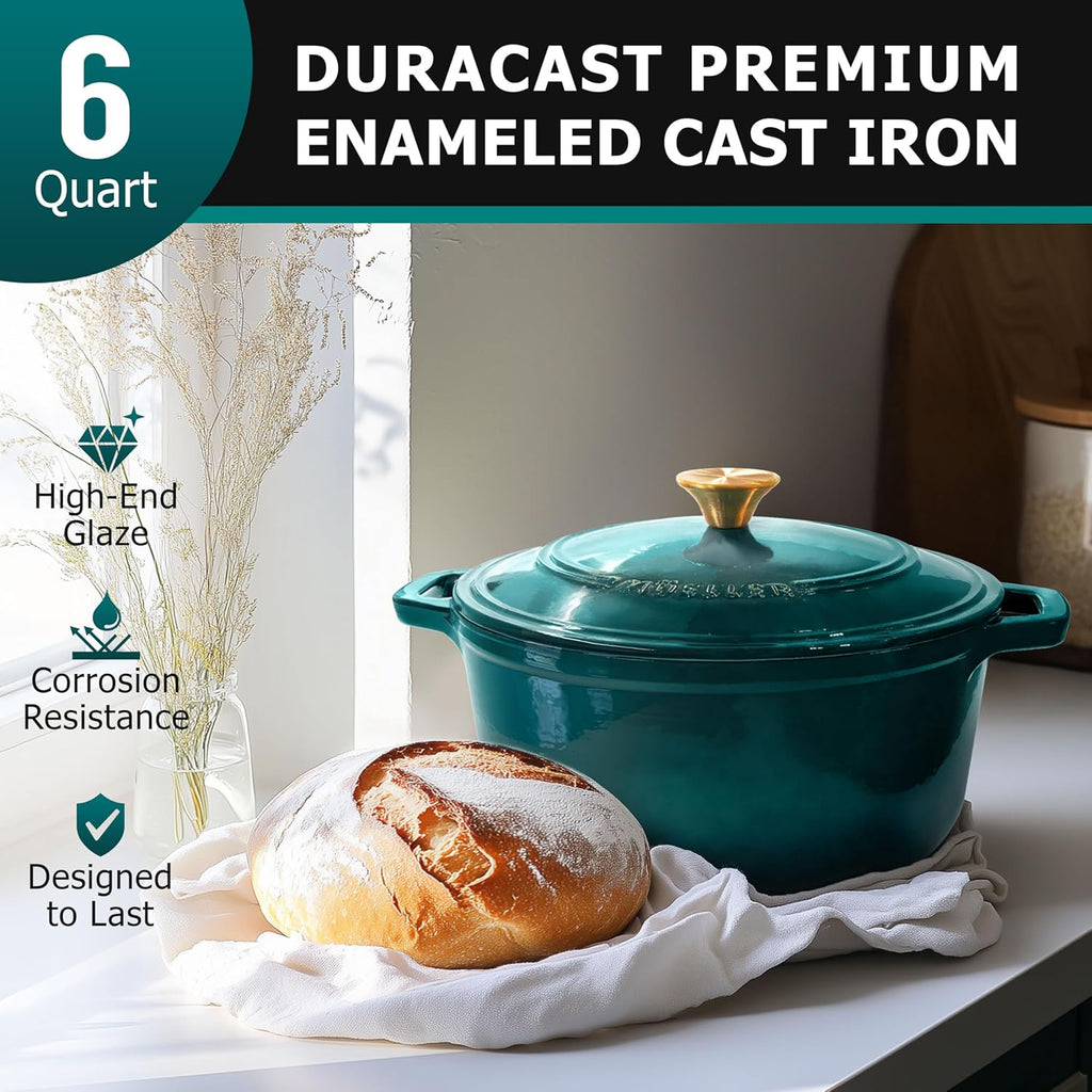 Mueller DuraCast Enameled Cast Iron Dutch Oven - 6 Quart, PFOA-Free, Oven Safe to 500°F | Ideal for Sourdough Baking, Emerald