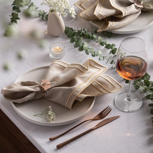 Linen Napkins Set of 4-100% Pure Linen Natural Dinner Napkins with Embroidered Gold Edge 20 x 20 inch - Embroidered Napkins Cloth Washable for Thanksgiving, Fall and Autumn Decor