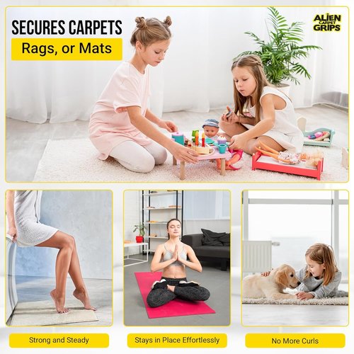 Alien Grip Carpet Tape - 12 Pcs Anti-Slip Rug Gripper | 4x4 in. Double-Sided, No Damage to Floors
