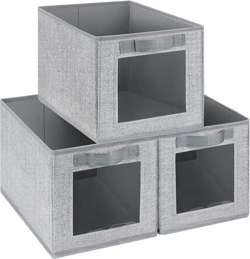 Homsorout Closet Storage Bins - Fabric Organizer Cubes with Window, 11-Inch, 3-Pack, Blended Linen