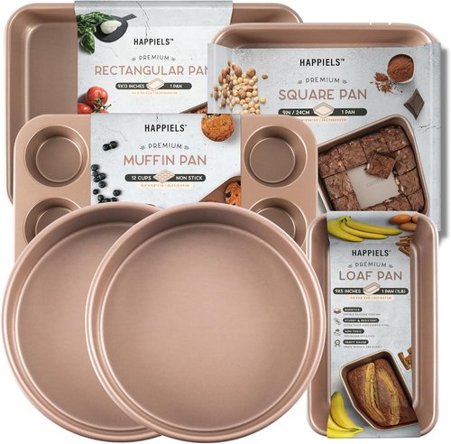 HAPPIELS Nonstick Baking Pans Set - PFOA-Free Bundle of 6: Round, Square, Loaf & Muffin Tins