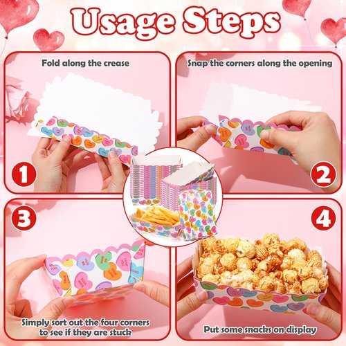 Dunzoom 60 Pcs Valentine's Day Food Trays Paper Bowls Valentines Popcorn Boxes Pink Red Love Galentines Heart Plate Disposable Snack Nacho Serving Boat Holder for Movie Night Party Supply(Fresh)