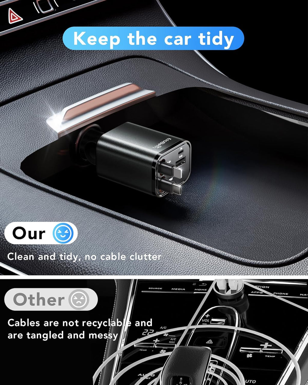 Skiennix Retractable Car Charger - 69W USB-C Fast Charging Adapter | Essential Road Trip Accessory for iPhone & Galaxy