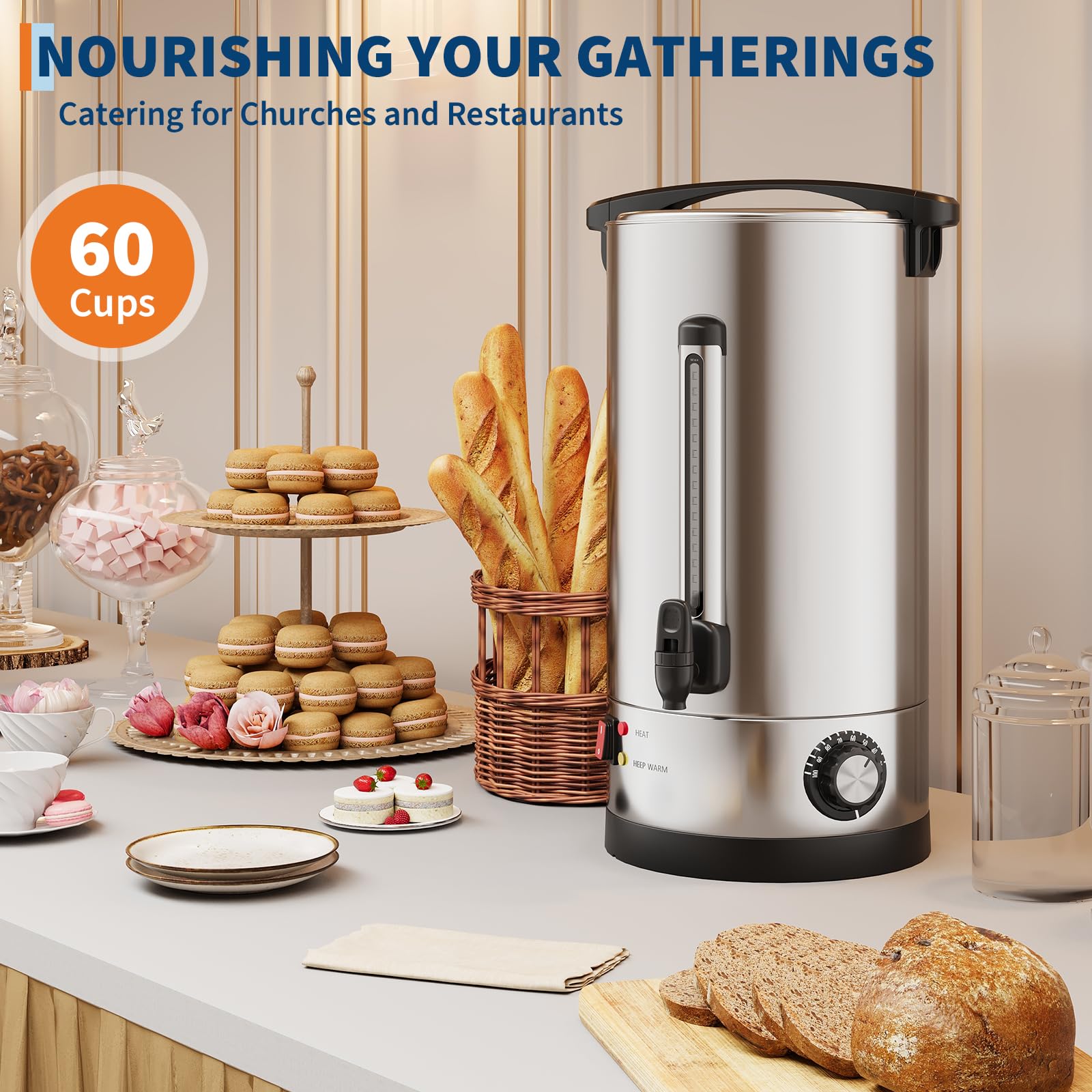 70-Cup Commercial Coffee Urn, 10L / 2.6Gal Double Wall Insulation Coffee Dispenser, Stainless Steel Large Hot Beverage Dispenser with Automatic Temperature Control & Faucet for Party Buffet, Silver