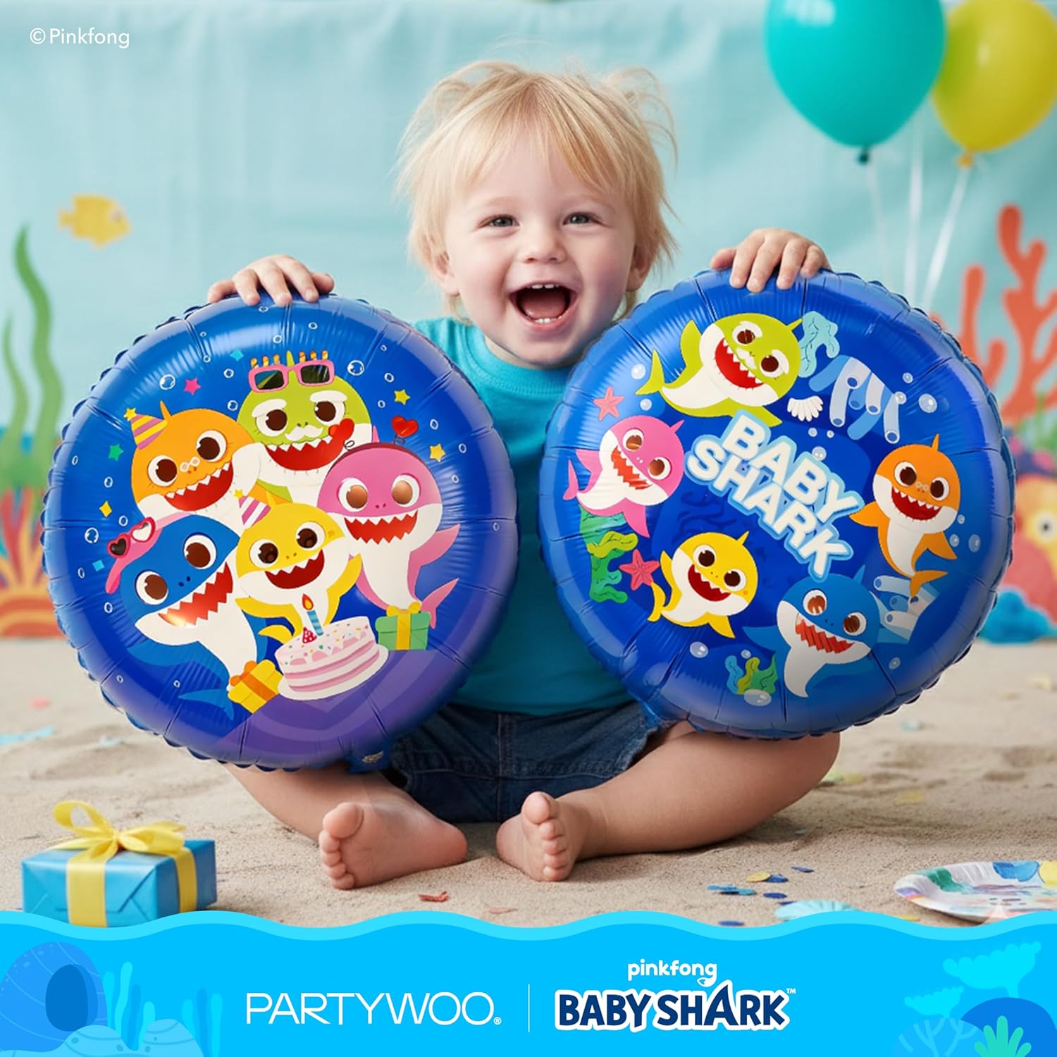 PartyWoo Baby Shark Blue Foil Number 2 Balloon - 5pcs 18-Inch Round Mylar Helium Balloons for Kids' Birthday Party Decorations