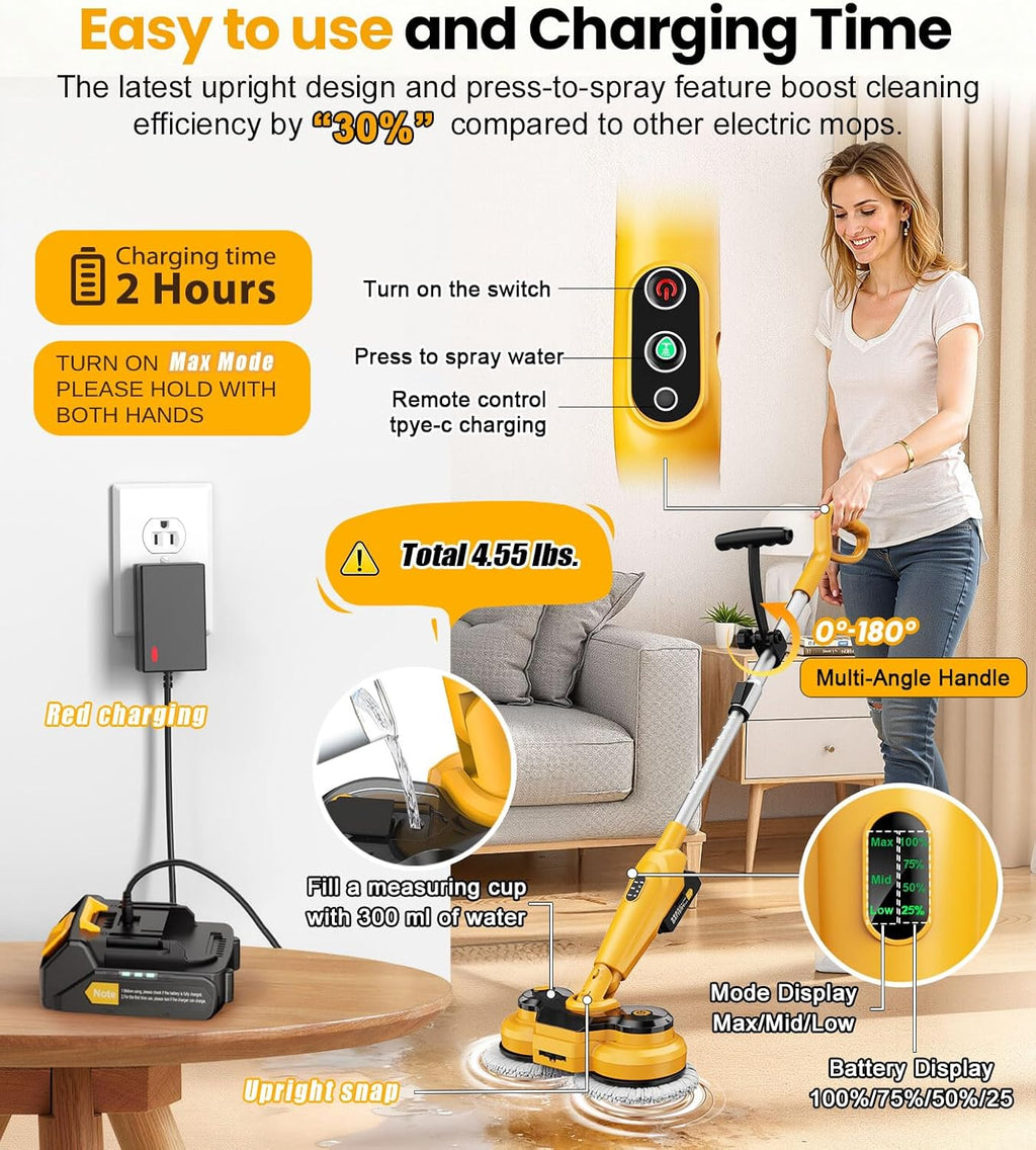 Qimedo 6000mAh Cordless Electric Mop - Powerful 800RPM Spin Scrubber with Smart Display & LED Light