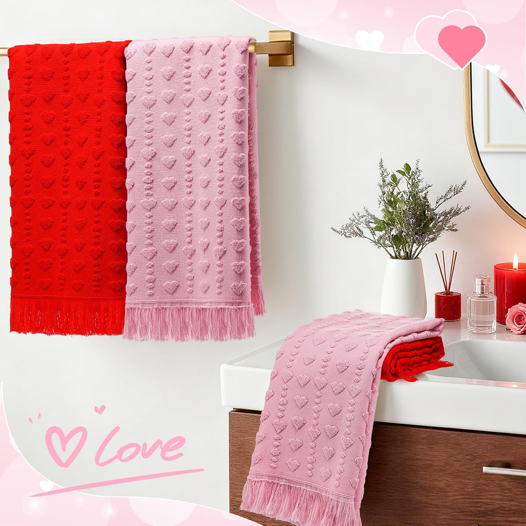 Peryiter 2 Pcs Valentine's Day 3D Heart Hand Towels with Tassel Valentines Decor 100% Cotton Red Pink Bathroom Towel Decorative Absorbent Bath Towel for Kitchen Drying Cleaning, 13.78 x 33.46 Inch