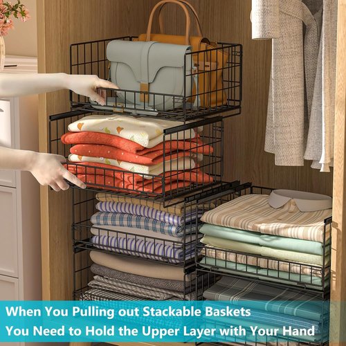Hongtamoya 4-Tier Closet Organizer - Stackable Storage Shelves for Wardrobe, Kitchen & Office - Black