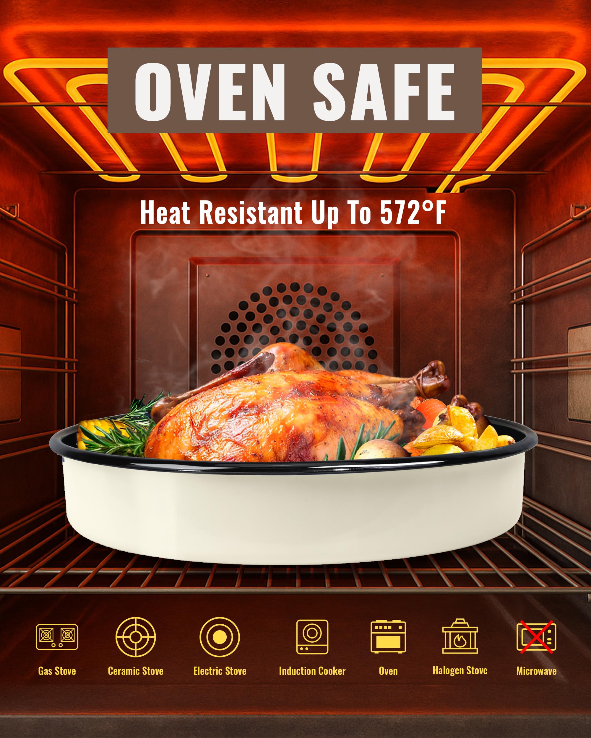 MCCSI Enamel Round Roasting Pan Set Baking Dish 4-Pack 9/10/12/14 Inch High Temperature Resistance Bakeware for Pizza Chicken, Oven Dishwasher Safe Birthday Mother Day Gift for Wife & Mom Cake Pan