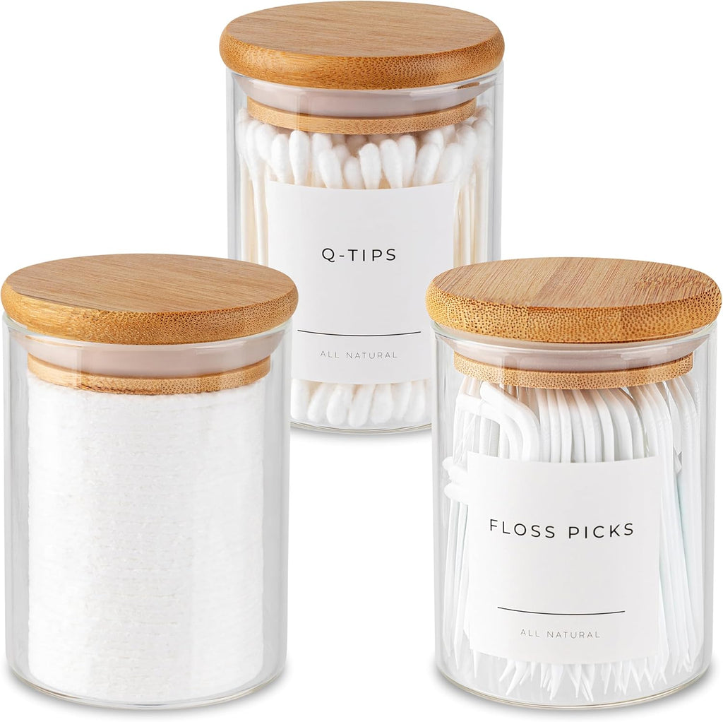 Vase and Vessel Mini Glass Apothecary Jars - Bamboo Lids for Bathroom & Kitchen Storage | 10 oz, Set of 3