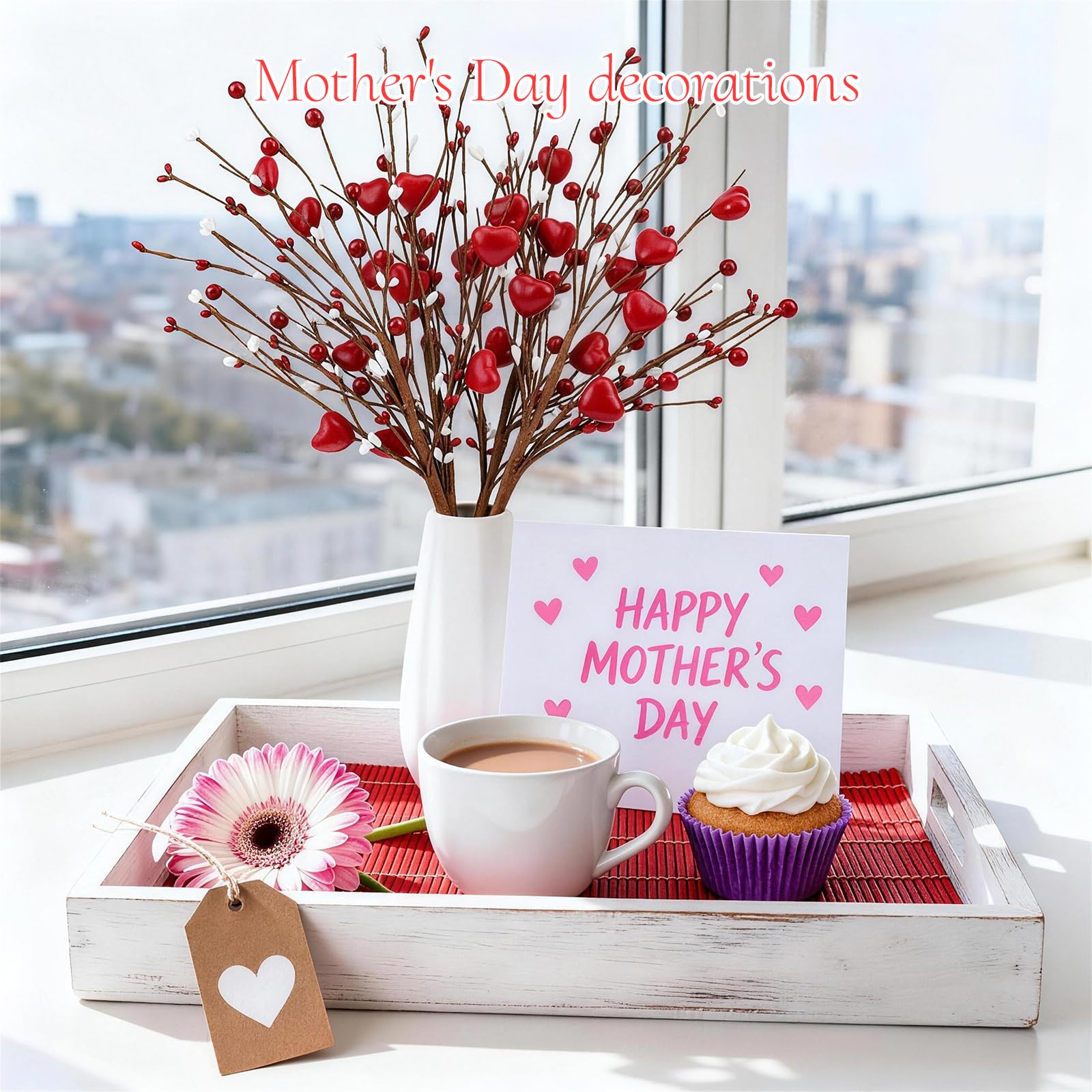 Wootkey 4Pcs Artificial Mother's Gift Decorations Red Heart Berry Stems Heart Shaped Berry Gifts Flowers for Wedding Anniversary Party Supplies Decor