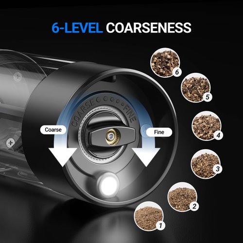 ThermoMaven Upgraded Larger Capacity Electric Salt and Pepper Grinder Set, 110ml Rechargeable Salt and Pepper Shaker with LED light, 6 Adjustable Coarseness, Stainless Steel, Black & Silver