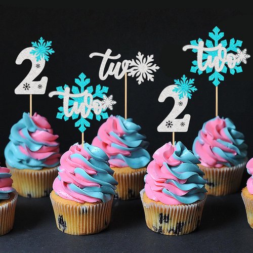 Ercadio Blue Snowflake Cupcake Toppers - 24 PCS Glitter Picks for Winter Onederland Theme Party