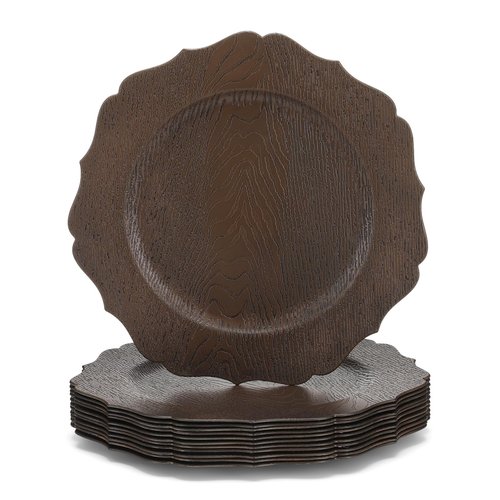 Mifoci 12 Pcs 13" Rustic Brown Wooden Textured Acrylic Chargers Plates with Scalloped Rim Round Faux Wood Chargers for Dinner Plates for Fall Thanksgiving Day Wedding Party Table Decor