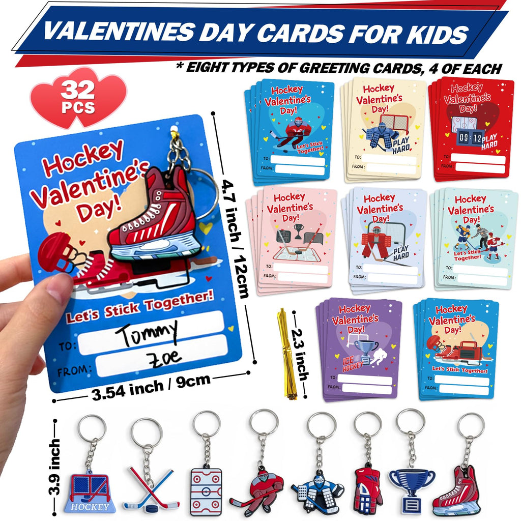 PINGAMOO Hockey Valentines Day Cards, 32PCS Valentine Cards with 32PCS Hockey Keychains, Boys Valentine's Card for Classroom School Party Favors Valentines Exchange