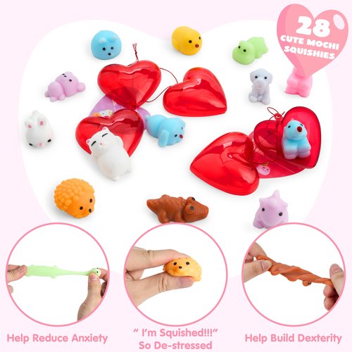 JOYIN 28 PCS Valentine’s Day Mochi Squishy Toys Filled Hearts and Gift Cards for Kids Valentine Classroom Exchange Party Favors, Kawaii Stress Relief Toys for School Game Prizes and Carnivals Gift