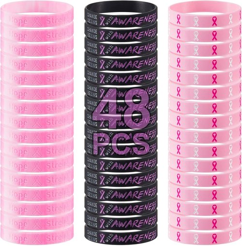 Biubee Breast Cancer Awareness Bracelets - 48 Pink Ribbon Silicone Wristbands for Women Survivor Gifts