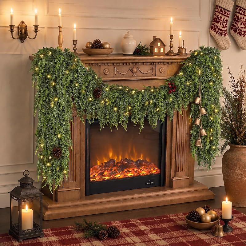 1Pcs 9FT Artificial Cedar Garland for Mantle Decor - Lifelike Touch, Christmas