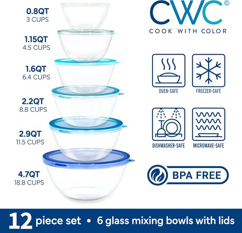 Cook With Color 12-Piece Glass Mixing Bowl Set - Borosilicate Nesting Bowls with Lids for Cooking & Baking, Blue