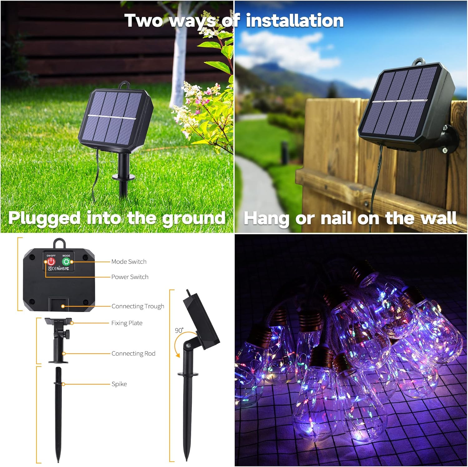Solar Outdoor String Lights - 20Ft Vintage Rope Hemp | Waterproof Multicolor with 8 Modes & 16 Shatterproof Bulbs