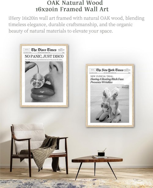 iHery Trendy Wall Art - Prevent Wrinkles with Framed Newspaper Design | Natural Oak Wood, Large 16x20in