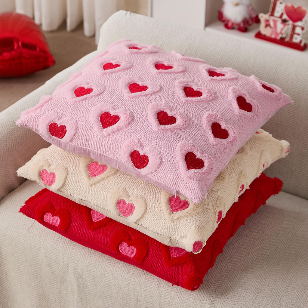WKJZH Valentines Day Pillow Covers 18x18 Inch Set of 2 Pink Embroidery Beige Heart Decorative Beige Soft Plush Faux Wool Throw Pillows for Couch Sofa Bedroom Holiday Home Decor MRD01C45