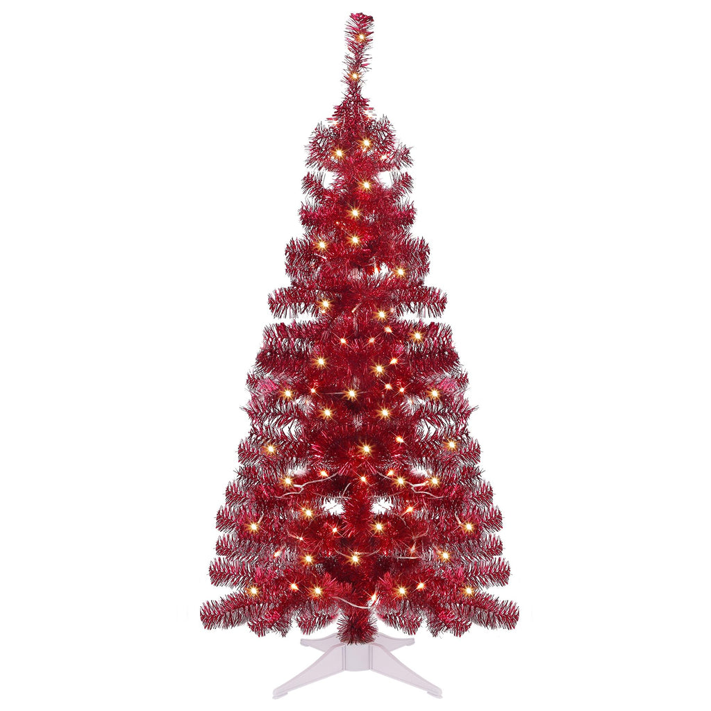Juegoal 4 FT Pre-lit Artificial Christmas Tree, Lighted Red Tinsel Pine Spruce Tree with 70 LED Lights, 8 Modes & Timer, Xmas Holiday Home Party Decor